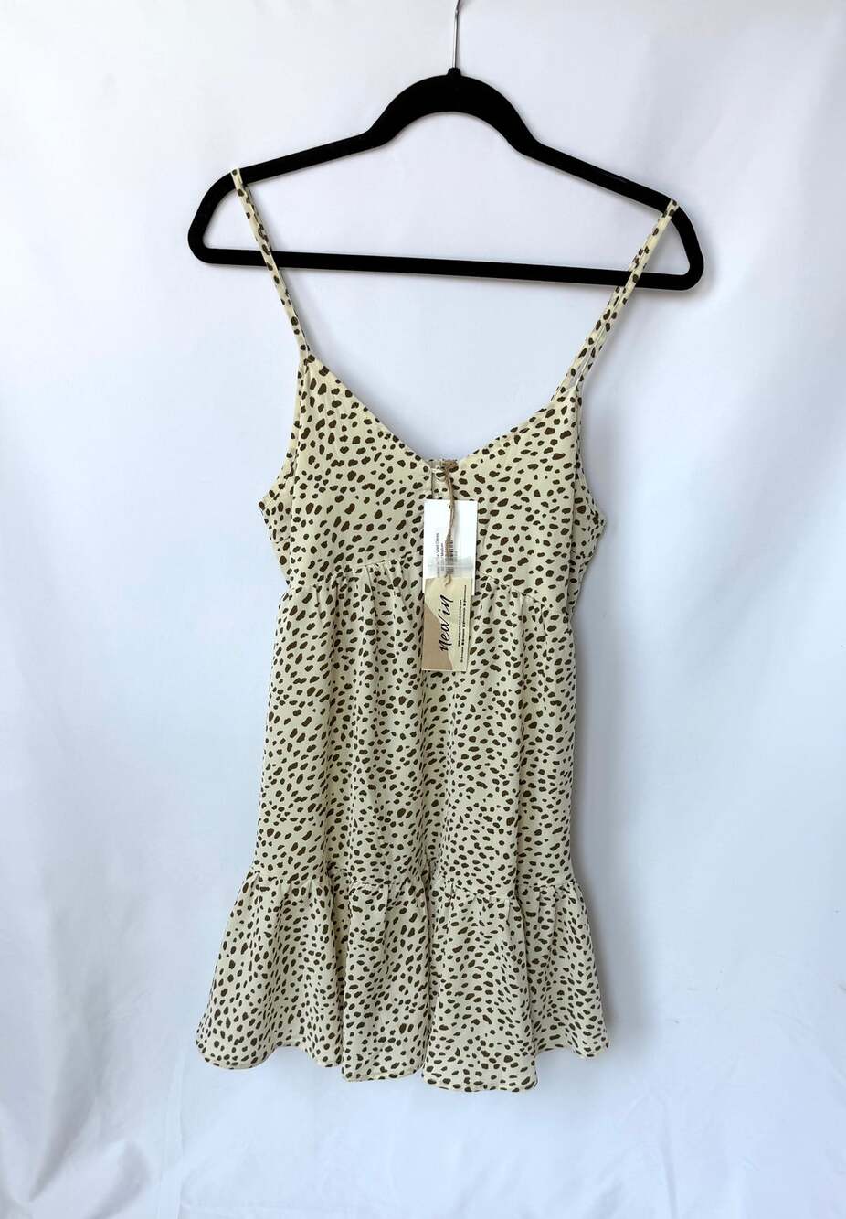 New In Womens M Cream Brown Spotted Mini Dress NWT Tiered Babydoll Cami Boho